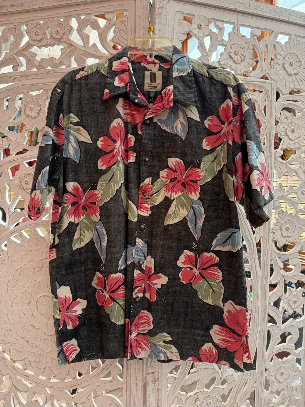 Tori Richard Black Floral Red Hibiscus Hawaiian Shirt Reverse Print Made in USA